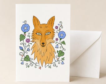 Folk Art Fox Greeting Card, Blank Animal Art Card with Envelope, Original Whimsical Fox Illustration