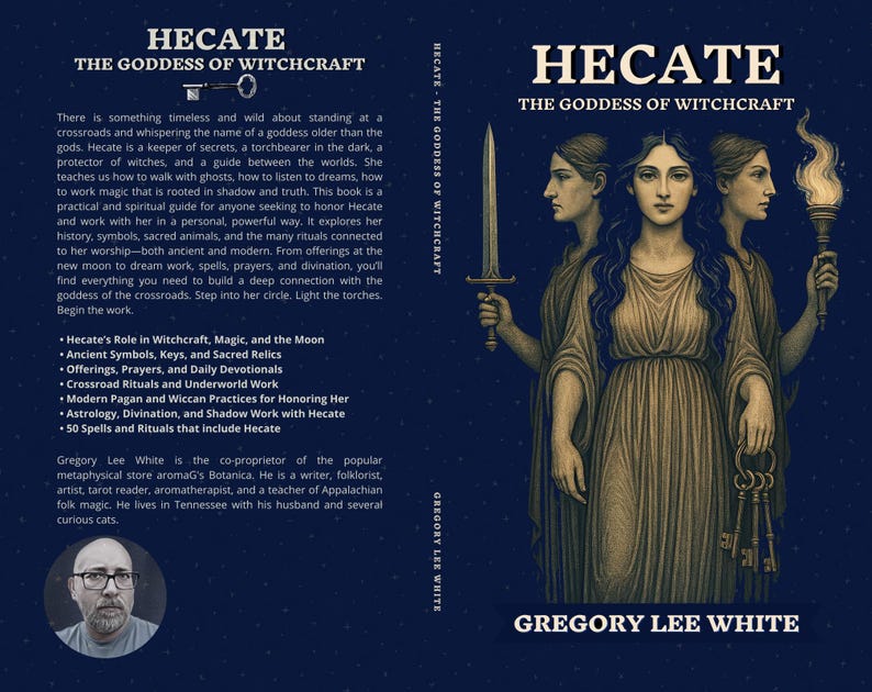 May include: Book cover for "Hecate: The Goddess of Witchcraft" by Gregory Lee White. The cover features an illustration of the goddess Hecate with three faces, holding a sword, a torch, and keys. The title is in large white letters.