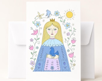Folk Art Princess Greeting Card, Blank Bird Art Card with Envelope, Original Whimsical Princess Illustration