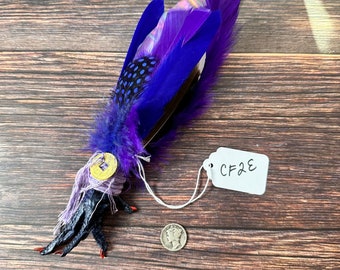 Chicken Foot Talisman – purple and blue feather with feng shui coin