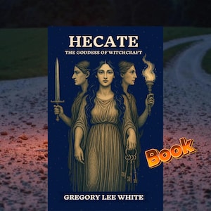 May include: A book cover with the title "HECATE" and the subtitle "THE GODDESS OF WITCHCRAFT." The cover art features a central figure flanked by two others, holding a sword, a torch, and keys. The author's name, GREGORY LEE WHITE, is at the bottom.
