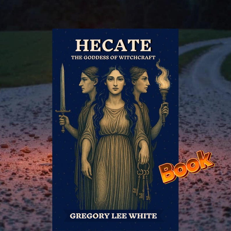 May include: A book cover with the title "HECATE" and the subtitle "THE GODDESS OF WITCHCRAFT." The cover art features a central figure flanked by two others, holding a sword, a torch, and keys. The author's name, GREGORY LEE WHITE, is at the bottom.