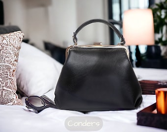 Sac à main en cuir véritable avec fermoir à pression et bandoulière réglable, sac en cuir italien noir souple, sac à poignée de style vintage