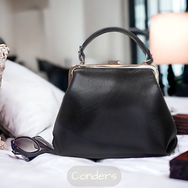 Leather Top Handle Bag with Vintage Style Clasp with Adjustable Strap, Retro Style Grab Handle Bag in Soft Italian Leather