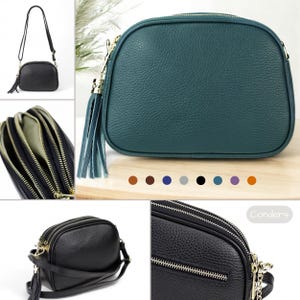Echtleder Crossbody-Tasche mit 3 Fächern und verstellbarem Schultergurt, Quaste Festival Tasche, Box Bag Geldbörse, Multi-Zip-Kameratasche