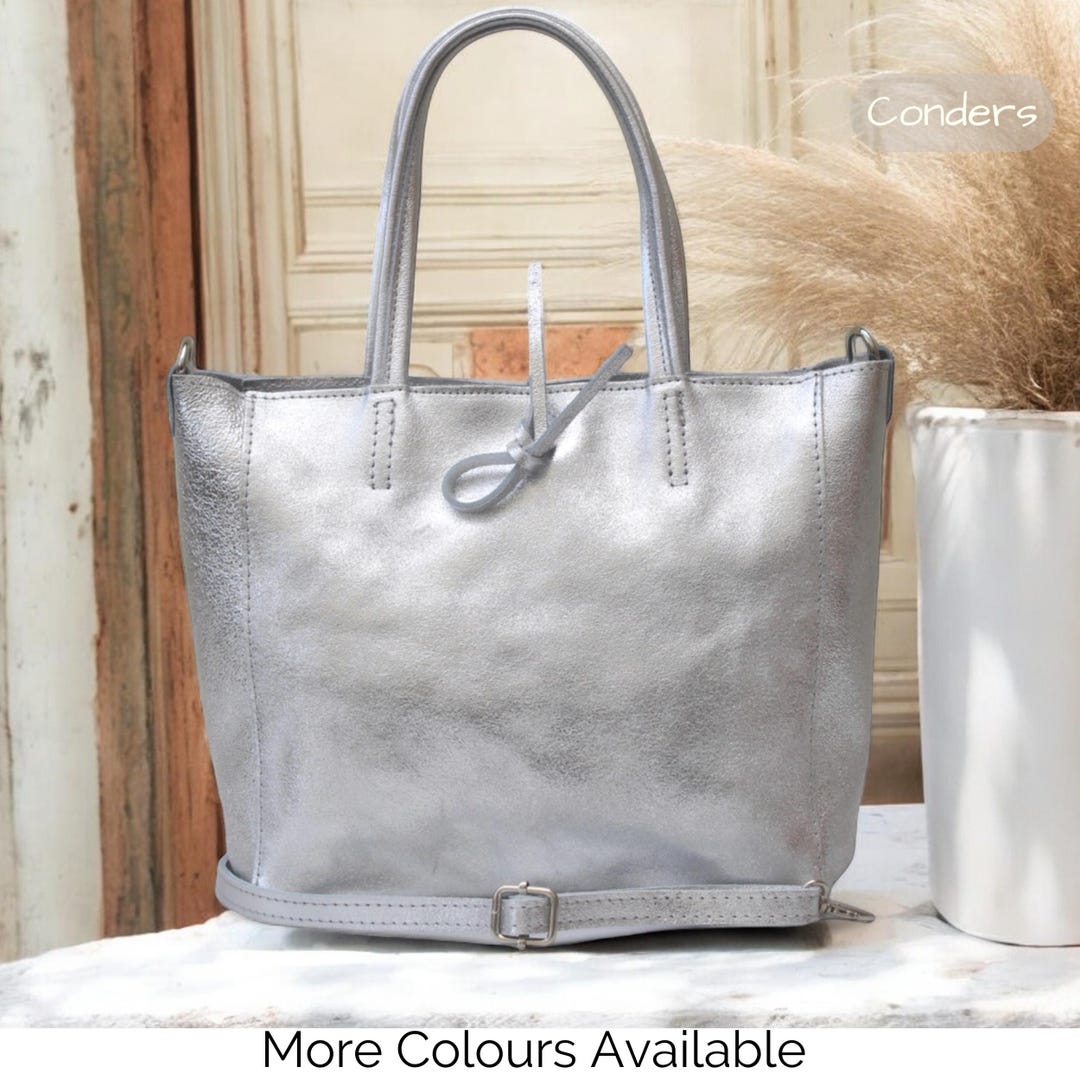 Genuine Leather Handbag, Metallic Silver Italian Leather Top Handle Bag