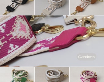 Patterned Bag Strap in Leather and Canvas, Crossbody Adjustable Handbag Strap, Canvas Purse Strap, Gold Tone Fitting Camera Bag Strap
