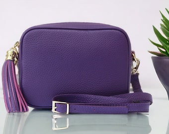 Purple Camera Bag, Italian Leather Crossbody Bag, Small Leather Crossbody Camera Bag, Leather Tassel Festival Bag, Box Bag Purse, Disco Bag