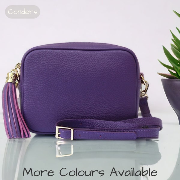 Purple Camera Bag, Italian Leather Crossbody Bag, Small Leather Crossbody Camera Bag, Leather Tassel Festival Bag, Box Bag Purse, Disco Bag
