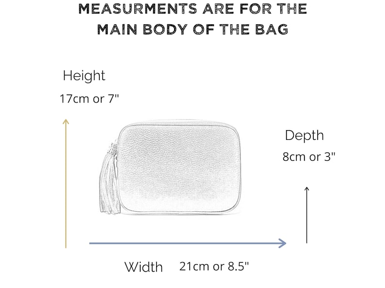 May include: A sketch of a small bag with a tassel. The bag is 17 cm tall, 21 cm wide, and 8 cm deep.