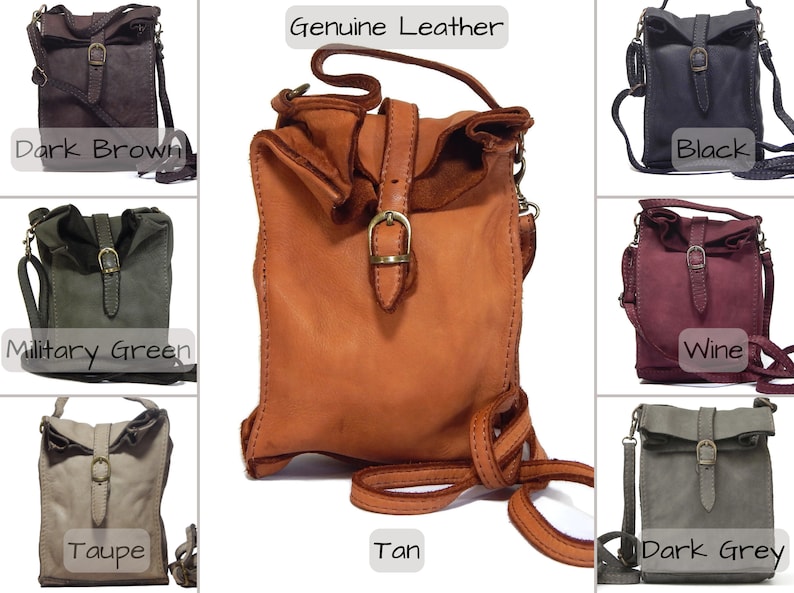 Puede incluir: Una colecci&oacute;n de siete bolsos bandolera de cuero genuino en varios colores, incluyendo marr&oacute;n oscuro, negro, verde militar, vino, topo, bronceado y gris oscuro. Cada bolso presenta un dise&ntilde;o enrollable, una correa con hebilla central y una bandolera.
