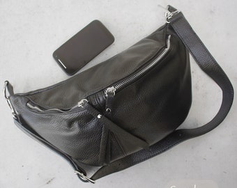 Large Leather Sling Bag, Leather Slouch Bag, Leather Waist Bag, Soft Leather Crossbody Bag, Bumbag Style Travel Bag, Italian Leather Hip Bag