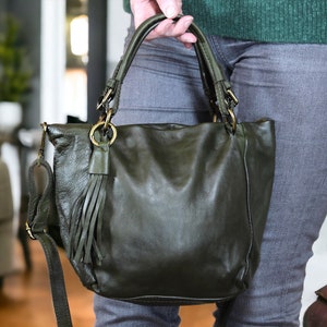 Tan Leder Top Griff Handtasche, italienische Lederhandtasche, Leder Crossbody Tasche, weiche Tan Leder Tote, Vintage Tasche, Damen Ledertasche Military Green