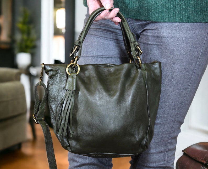 Tan Leather Top Handle Handbag, Italian Leather Handbag, Leather Crossbody Bag, Soft Tan Leather Tote, Vintage Bag, Womens Leather Bag Military Green