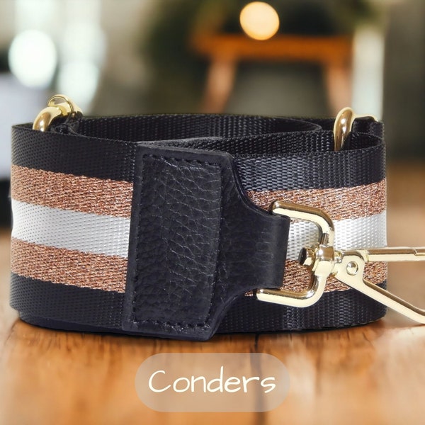 Patterned Bag Straps in Leather and Canvas, Crossbody Adjustable Handbag Strap, Black Stripe Purse Strap, Clip On Strap for Shoulder Bag