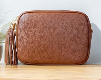 Camera Bag, Soft Tan Italian Leather Crossbody Bag, Small Leather Crossbody Camera Bag, Leather Tassel Festival Bag, Small Crossbody Purse