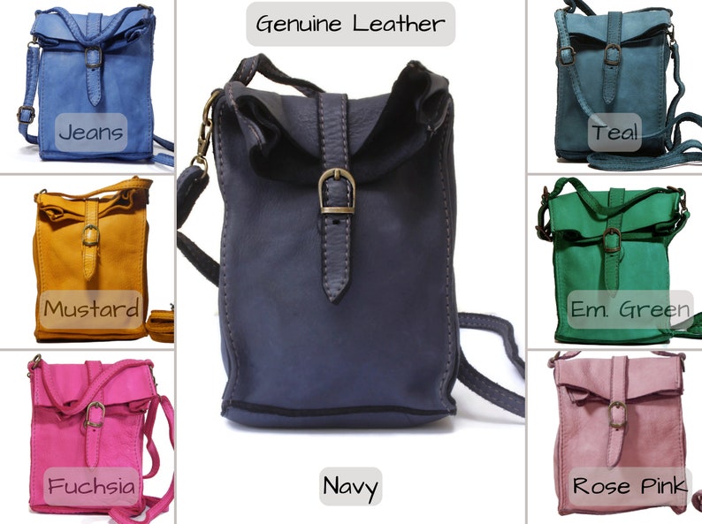 Puede incluir: Una colecci&oacute;n de bolsos bandolera de cuero genuino con solapa superior, cierre de hebilla y correa ajustable. Los bolsos est&aacute;n disponibles en azul vaquero, verde azulado, amarillo mostaza, verde esmeralda, fucsia, rosa y azul marino.