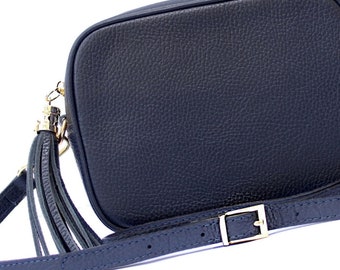 Camera Bag, Soft Navy Italian Leather Crossbody Bag, Small Leather Crossbody Camera Bag, Leather Tassel Festival Bag, Small Crossbody Purse