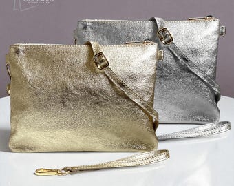 Bolso bandolera de piel metalizada suave y delgada con correa de muñeca añadida, bolso de mano de piel italiana, bolso de viaje minimalista, bolso para festivales.