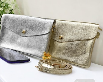 Genuine Metallic Leather Bag, Slim Leather Crossbody Handbag, Detachable Strap for Clutch Bag Use, Perfect for Weddings, Evening, Occasions