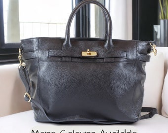 Black Leather Top Handle Bag, Soft Black or Tan Leather Bag, Womens Italian Leather Handbag, Vintage Leather Bag, Leather Handbag with Clasp