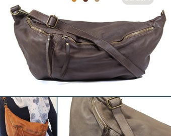 Riñonera grande de piel italiana en color marrón vintage, bandolera de piel XL, bolso de cintura de piel, bandolera de piel suave, bolso de viaje de piel marrón