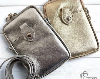 Gold and Silver Leather Crossbody Mobile Phone Bag, Minimalist Travel Pouch Bag, Leather Passport Holder, Soft Italian Leather Slim Purse