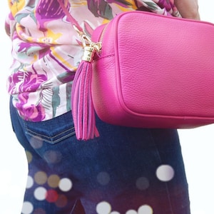 May include: A bright pink leather crossbody bag with a gold chain strap and a pink tassel. The bag has a textured surface and a rectangular shape.