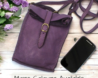 Purple Leather Crossbody Phone Bag, Cellphone Leather Pouch, Leather Mobile Phone Bag, Soft Italian Leather Purse, Festival Bag, Travel Bag
