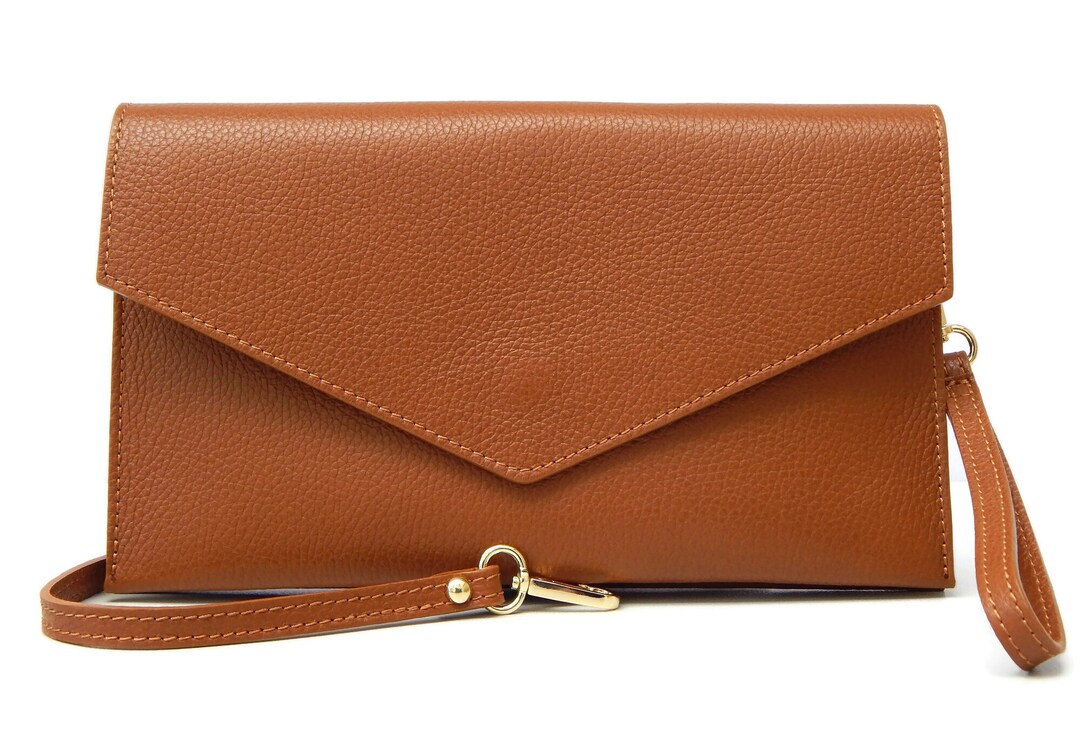 Brown Leather Clutch Bag, Envelope Style Leather Handbag, Wedding Purse, Tan Leather Wrist Bag