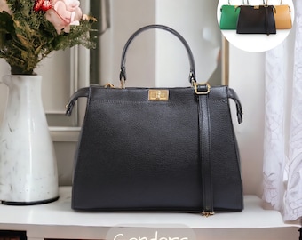 Sac à main en cuir italien véritable avec double verrou tournant et bandoulière réglable, sac à main à poignée de style vintage en noir, vert ou beige