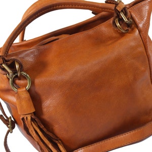 Tan Leather Top Handle Handbag, Italian Leather Handbag, Leather Crossbody Bag, Soft Tan Leather Tote, Vintage Bag, Womens Leather Bag image 7