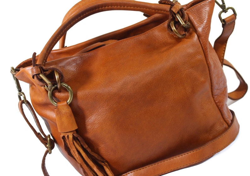 Tan Leather Top Handle Handbag, Italian Leather Handbag, Leather Crossbody Bag, Soft Tan Leather Tote, Vintage Bag, Womens Leather Bag image 7