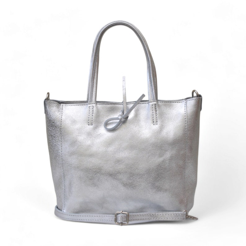 Genuine Leather Handbag, Metallic Silver Italian Leather Top Handle Bag