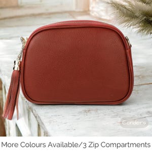 Echtleder Crossbody Bag mit 3 Fächern und verstellbarem Riemen, Quaste Festival Bag, Box Bag Geldbörse, Multi Zip Orange Kameratasche