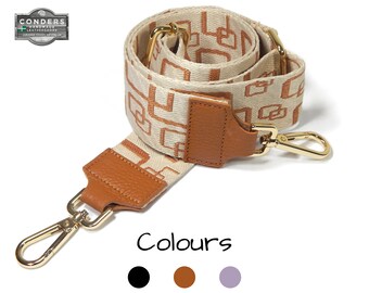 Patterned Bag Strap in Leather and Canvas, Crossbody Adjustable Handbag Strap, Canvas Purse Strap, Gold Tone Fitting Camera Bag Strap