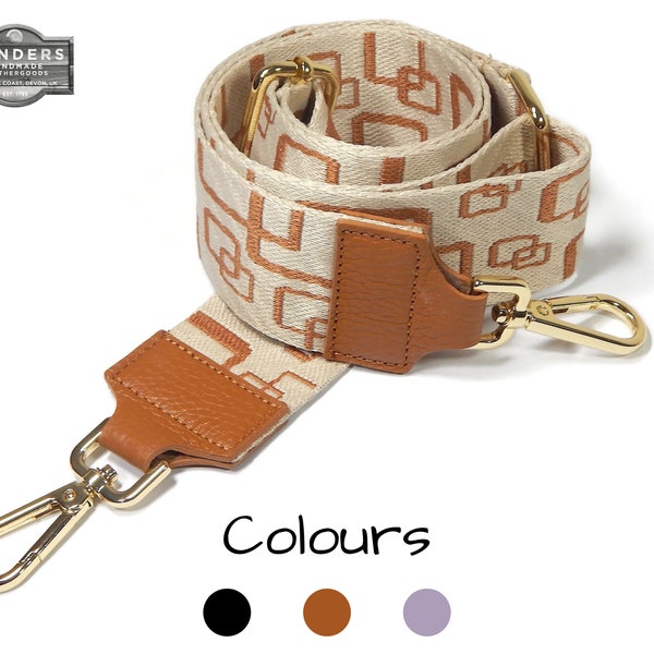 Patterned Bag Strap in Leather and Canvas, Crossbody Adjustable Handbag Strap, Canvas Purse Strap, Gold Tone Fitting Camera Bag Strap