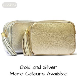 Echte Metallic Leder Kameratasche in Silber oder Gold, Italienische Leder Crossbody Bag, Leder Box Bag, Leder Quaste Geldbörse, Festival Tasche
