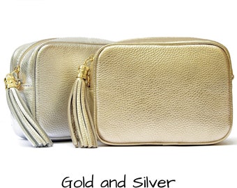 Echte Metallic-Leder-Kameratasche in Silber oder Gold, italienische Leder-Umhängetasche, Leder-Box-Tasche, Leder-Quasten-Geldbörse, Festival-Tasche