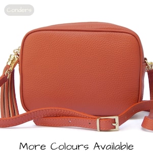 Kameratasche, Weiche Orange Italienische Leder Umhängetasche, Handy Umhängetasche aus Leder, Quaste Festival Tasche, Kleine Umhängetasche