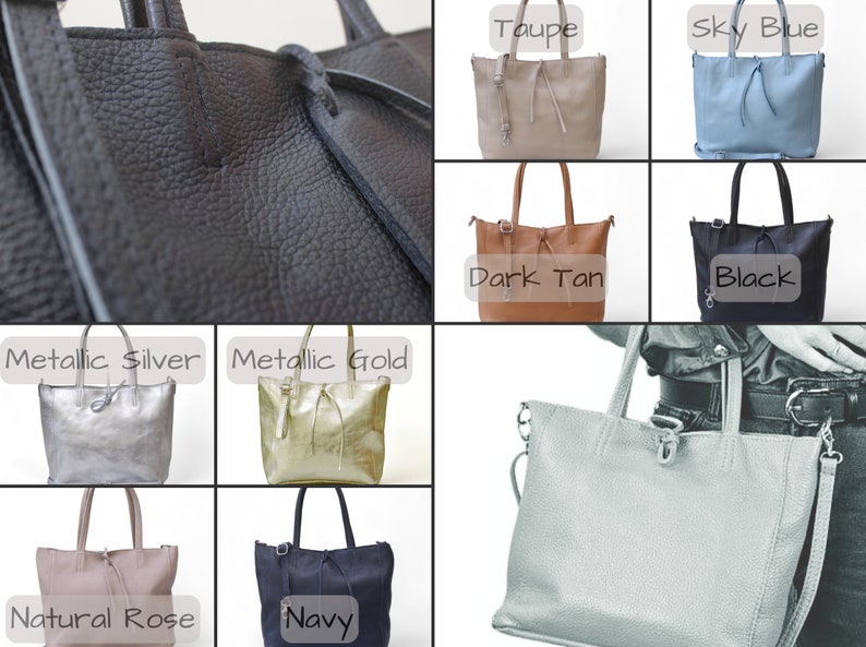 Genuine Leather Handbag, Metallic Silver Italian Leather Top Handle Bag