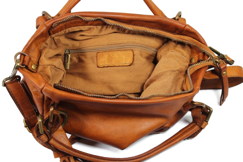 Tan Leather Top Handle Handbag, Italian Leather Handbag, Leather Crossbody Bag, Soft Tan Leather Tote, Vintage Bag, Womens Leather Bag image 6