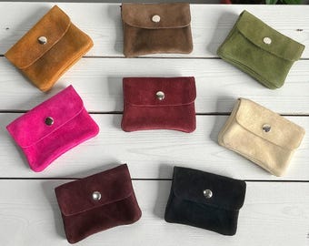 Suede Leather Coin Purse, Mini Leather Coin Pouch, Soft Italian Suede Coin Holder, Small Leather Change Wallet, Credit Card Holder, Gift