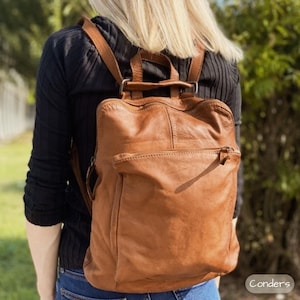 Versatile leather backpack in buttery soft brown Italian washed leather. Worn as a  rucksack, shoulder bag or crossbody, Vintage Tan Bag