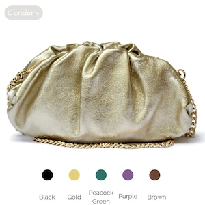 Echte Metallic-Lederhandtasche mit Kiss-Lock-Verschluss und Kettenriemen, Crossbody-Leder-Cloud-Tasche, abnehmbarer Riemen für die Verwendung von Clutch-Taschen