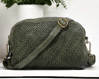 Woven Leather Handbag, Green Leather Handbag, Green Leather Crossbody Bag, Italian Leather Bag, Vintage Leather Camera Bag, Leather Purse