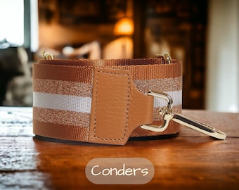 Patterned Bag Straps in Leather and Canvas, Crossbody Adjustable Handbag Strap, Tan Stripe Purse Strap, Clip On Strap for Shoulder Bag