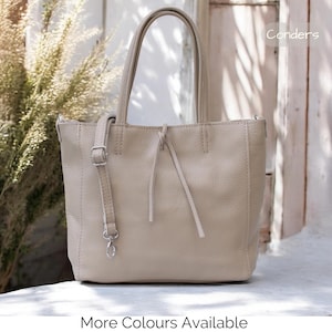 Echtleder Handtasche, Italienische Ledertasche mit Griff, Minimalistische Haltegriff Taupe Ledertasche mit Krawattenknoten, Perfektes Geschenk für Sie