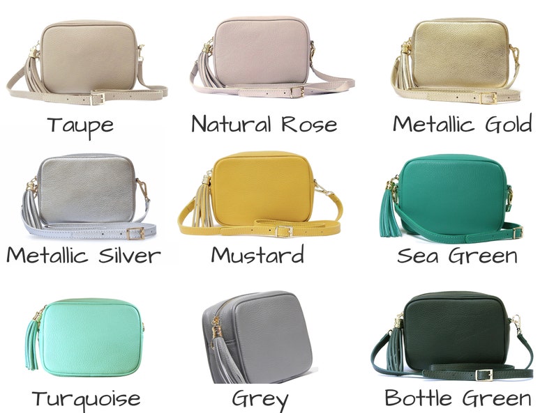 May include: Nine different coloured leather crossbody bags with a tassel. The colours are taupe, natural rose, metallic gold, metallic silver, mustard, sea green, turquoise, grey, and bottle green.