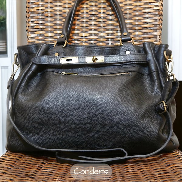 Black Leather Top Handle Bag, Soft Black Leather Bag, Womens Italian Leather Handbag, Vintage Leather Bag, Leather Handbag with Clasp